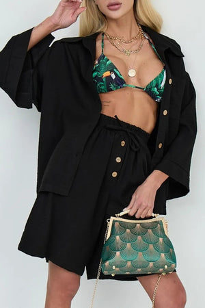 Solid Color Shirt Single-breasted Bermuda Shorts Set