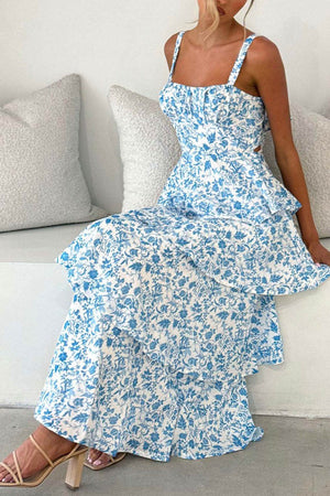 Arolora Floral Print Tie-up Tiered Midi Dress