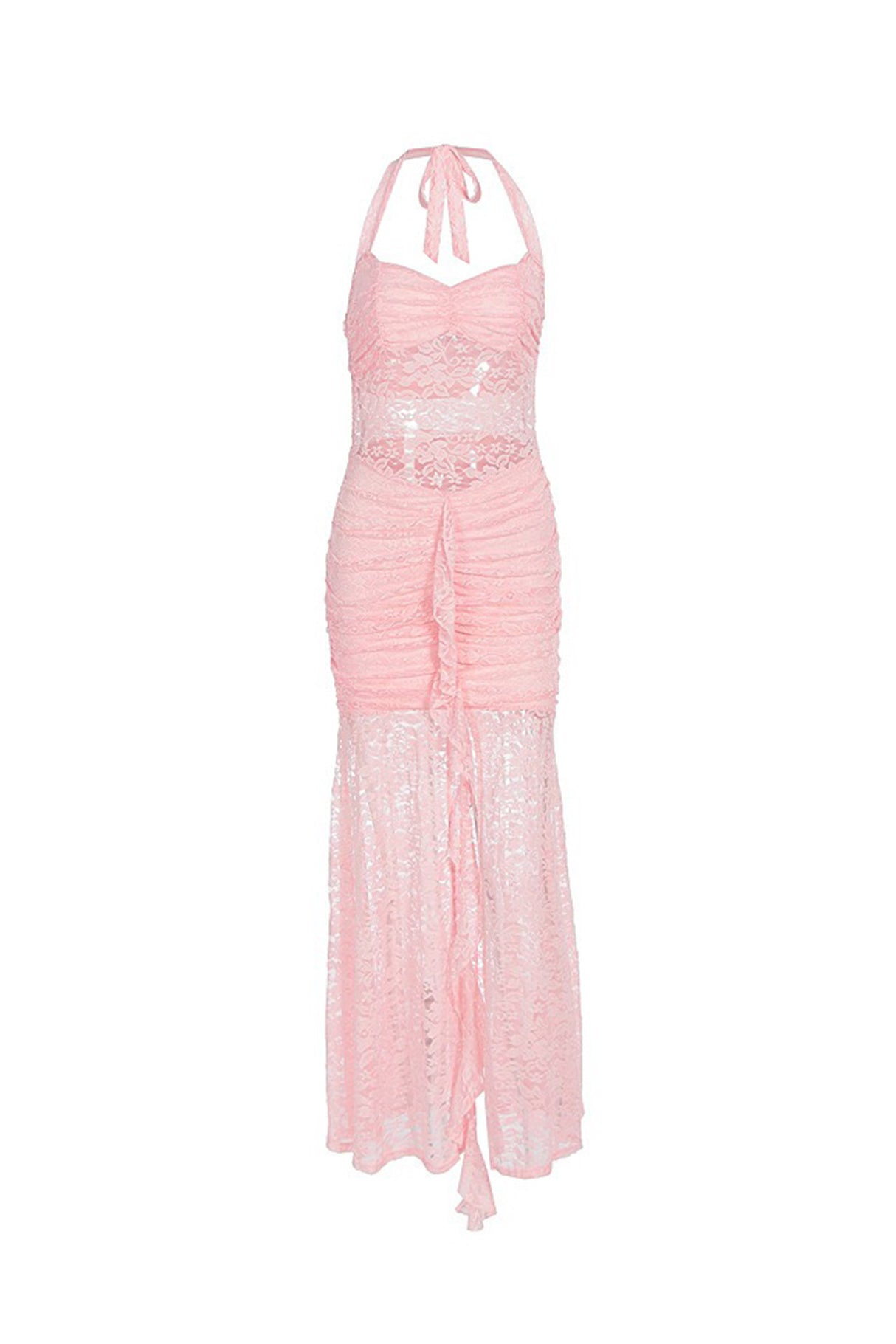 Halterneck Lace Patchwork Ruched Dress