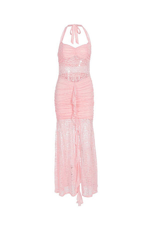 Halterneck Lace Patchwork Ruched Dress