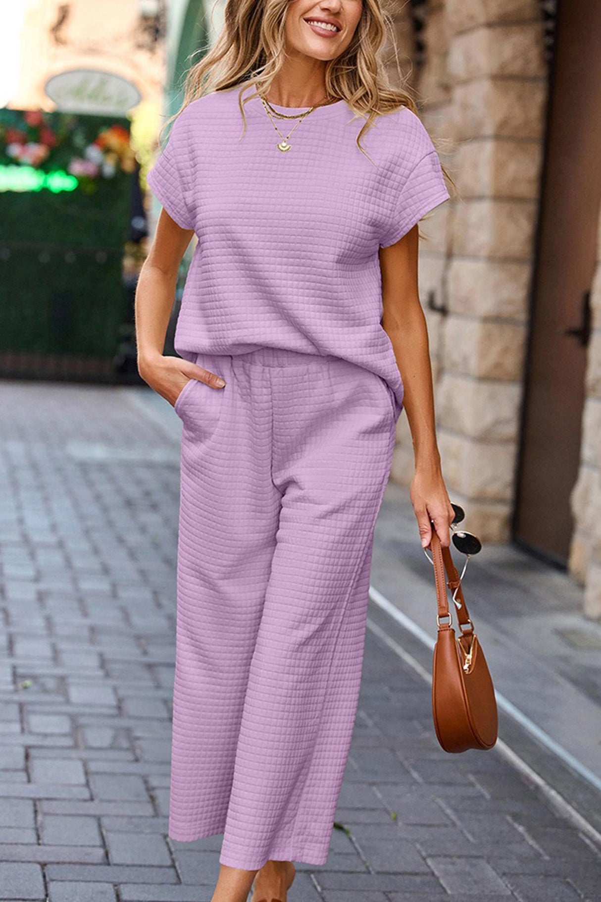 Solid Color Lattice Texture T-shirt Pants Set