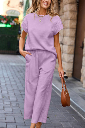 Solid Color Lattice Texture T-shirt Pants Set