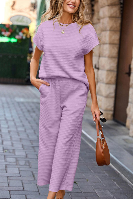 Solid Color Lattice Texture T-shirt Pants Set