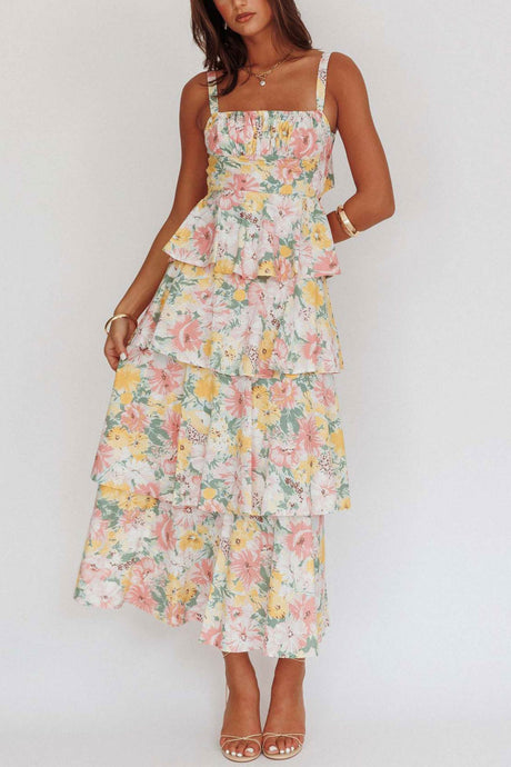 Arolora Floral Print Tie-up Tiered Midi Dress