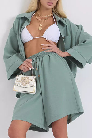 Solid Color Shirt Single-breasted Bermuda Shorts Set