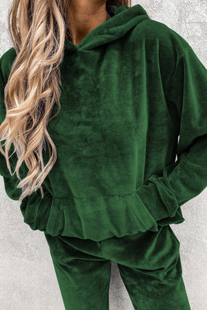 Velour Solid Color Hoodie Long Pants Set