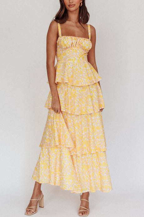 Arolora Floral Print Tie-up Tiered Midi Dress