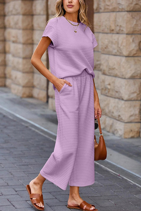 Solid Color Lattice Texture T-shirt Pants Set