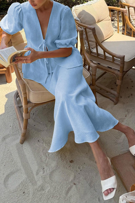 Puff Sleeve Tie-up Ruffle Cotton Shirt Skirt Set