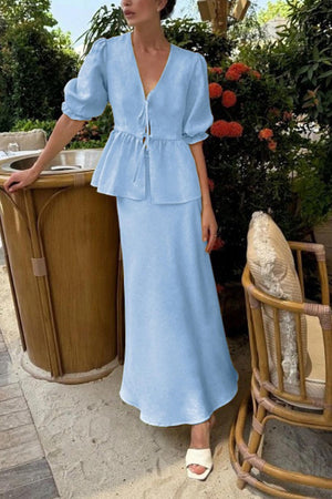 Puff Sleeve Tie-up Ruffle Cotton Shirt Skirt Set