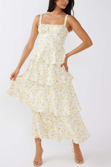 Arolora Floral Print Tie-up Tiered Midi Dress