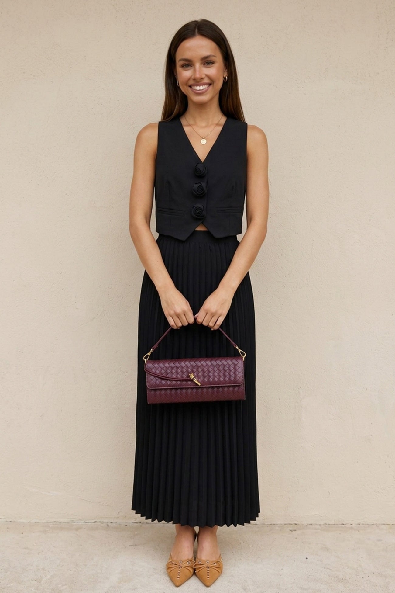 3D Floral Vest Pleated Maxi Skirt Set