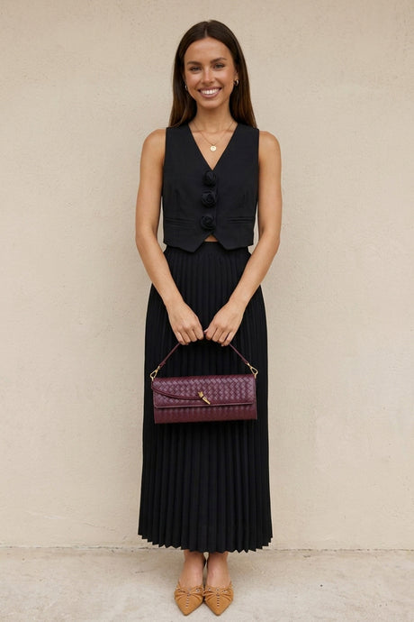 3D Floral Vest Pleated Maxi Skirt Set