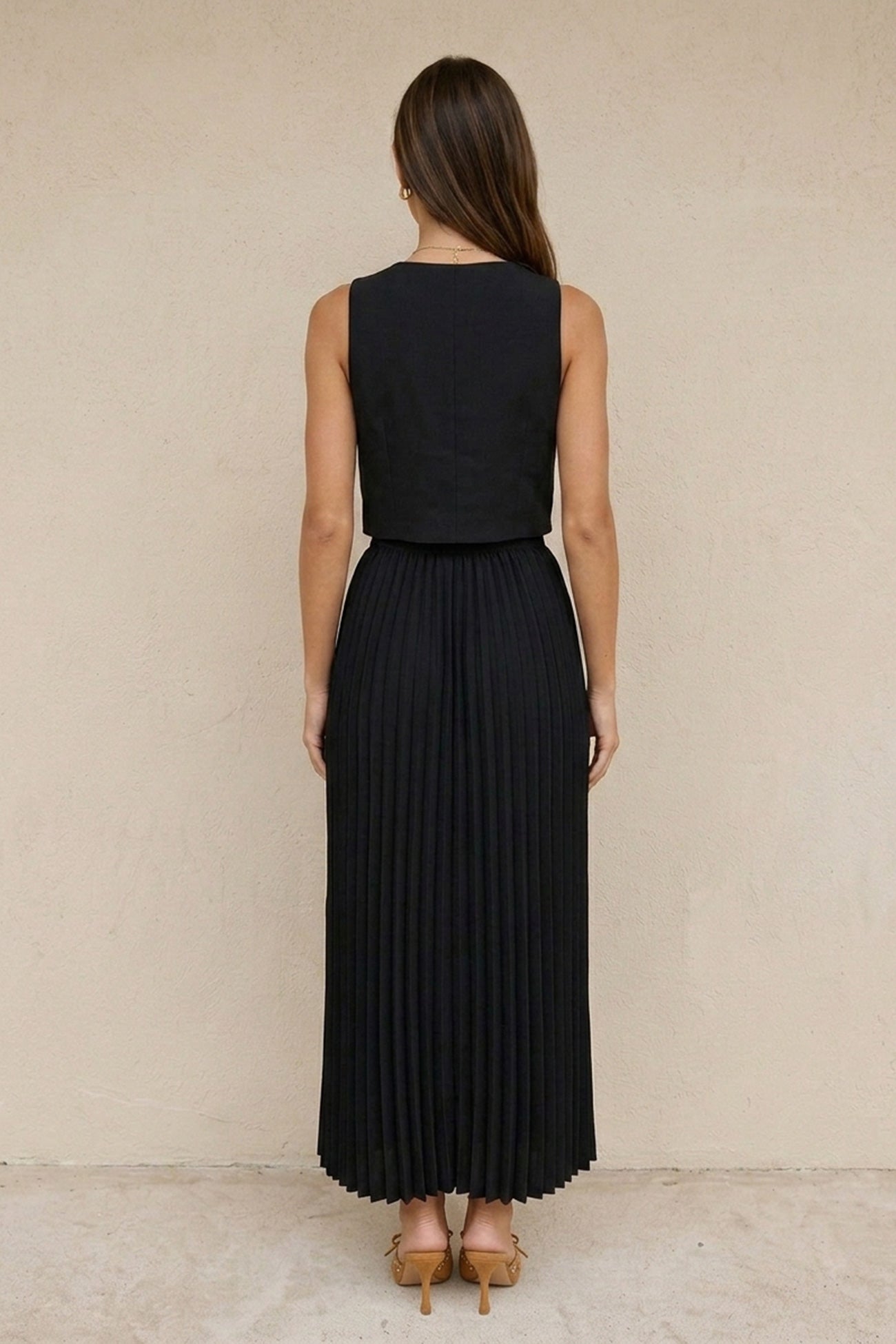 3D Floral Vest Pleated Maxi Skirt Set