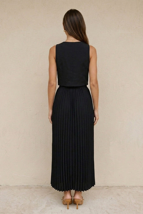 3D Floral Vest Pleated Maxi Skirt Set