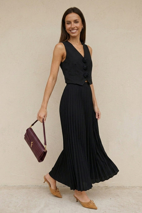 3D Floral Vest Pleated Maxi Skirt Set