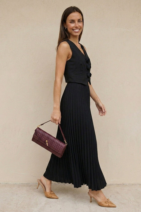 3D Floral Vest Pleated Maxi Skirt Set