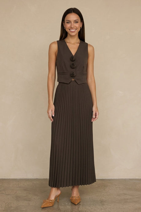 3D Floral Vest Pleated Maxi Skirt Set