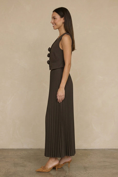 3D Floral Vest Pleated Maxi Skirt Set