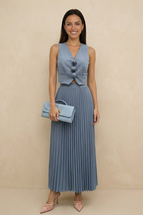3D Floral Vest Pleated Maxi Skirt Set
