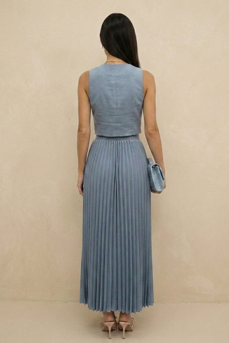3D Floral Vest Pleated Maxi Skirt Set