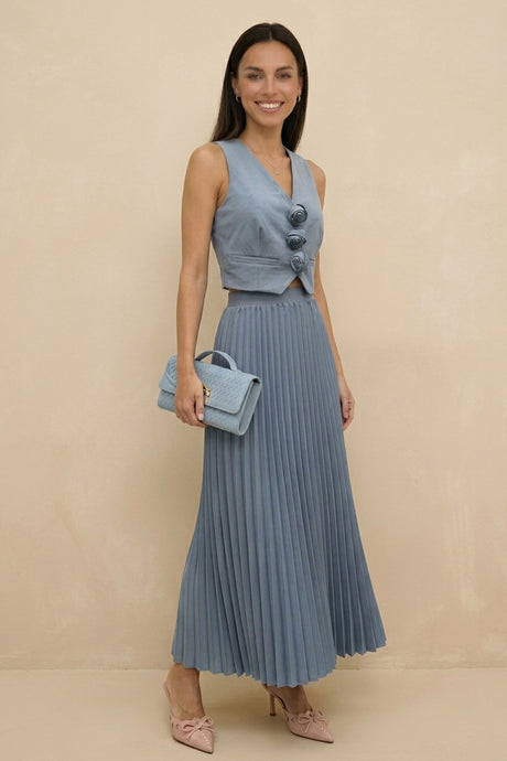3D Floral Vest Pleated Maxi Skirt Set