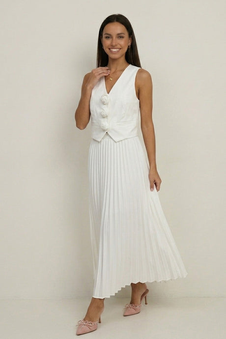 3D Floral Vest Pleated Maxi Skirt Set
