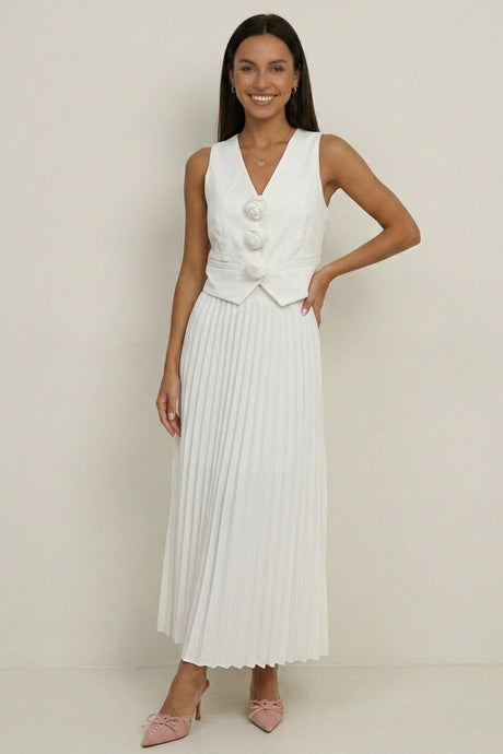 3D Floral Vest Pleated Maxi Skirt Set