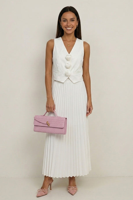 3D Floral Vest Pleated Maxi Skirt Set