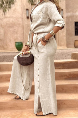 Tie-up Shirt Single-breasted Long Pants Set