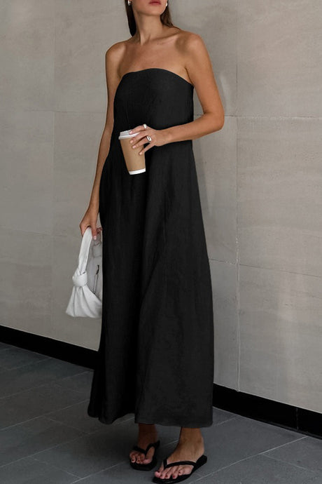 Cotton Linen Smocked Strapless Dress