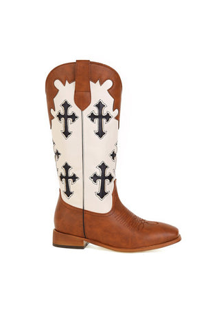 Cross Pattern Square Toe Knee High Boots
