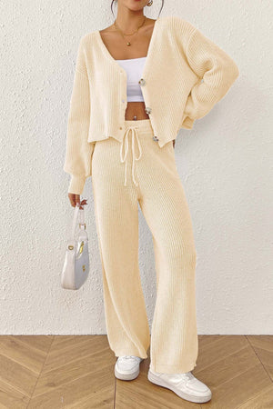 Button-down Crop Cardigan Pants Set