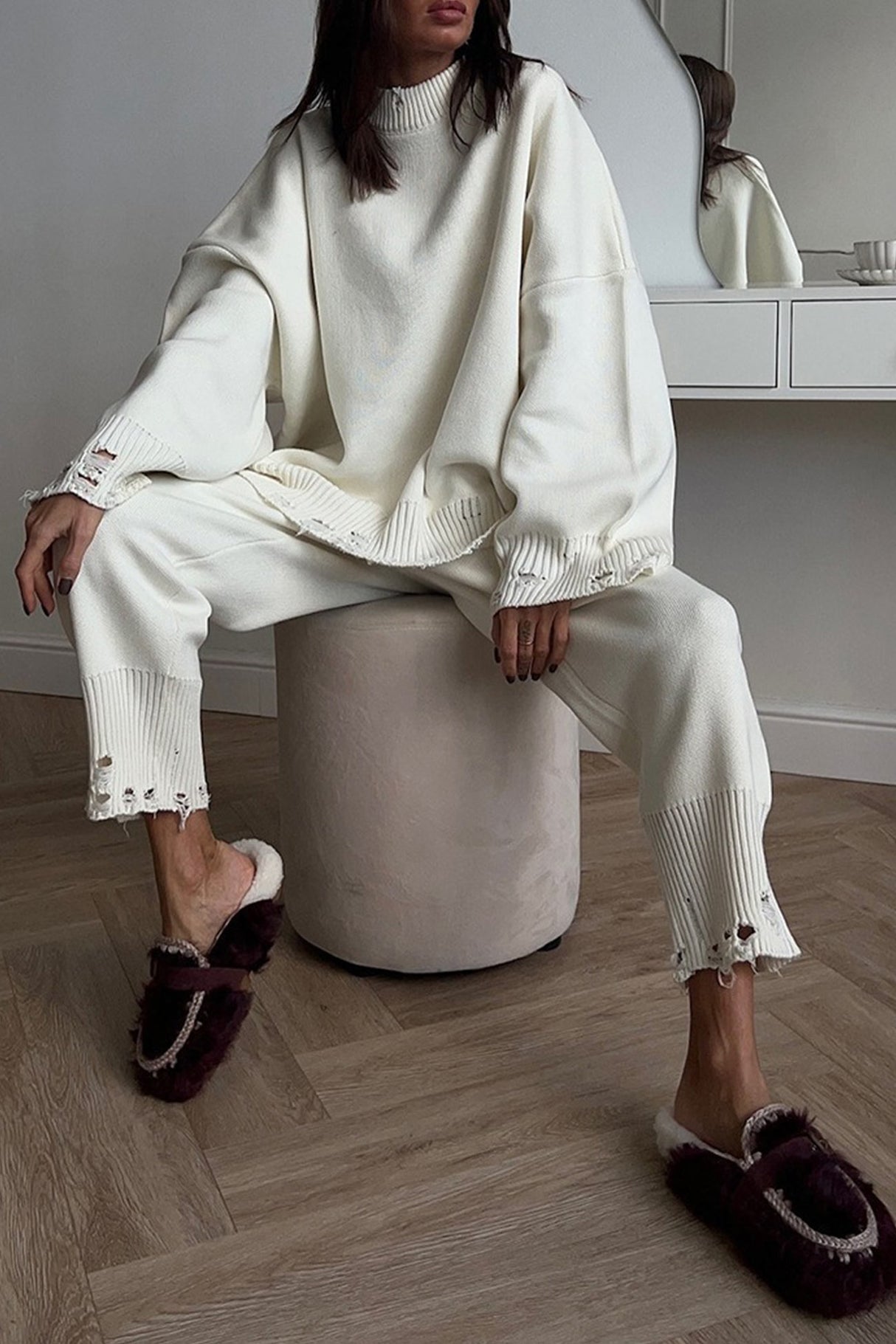 Raw Edge Crew Neck Sweater Set