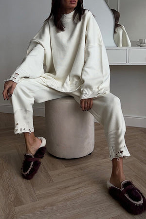 Raw Edge Crew Neck Sweater Set