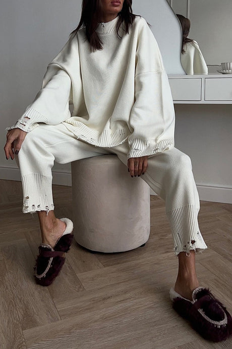 Raw Edge Crew Neck Sweater Set