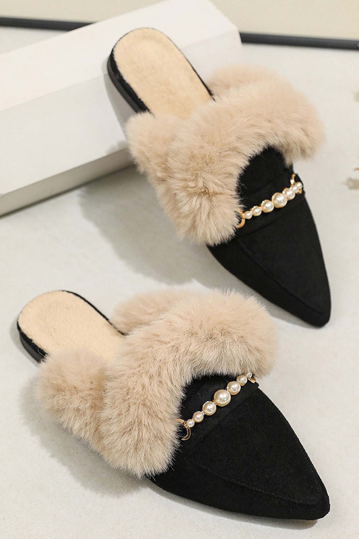 Pearl Plush Pointed-Toe Loafer Mules