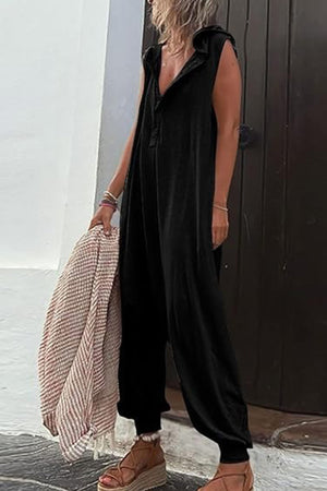 Single-breasted Sleeveless Hooded Jumpsuit