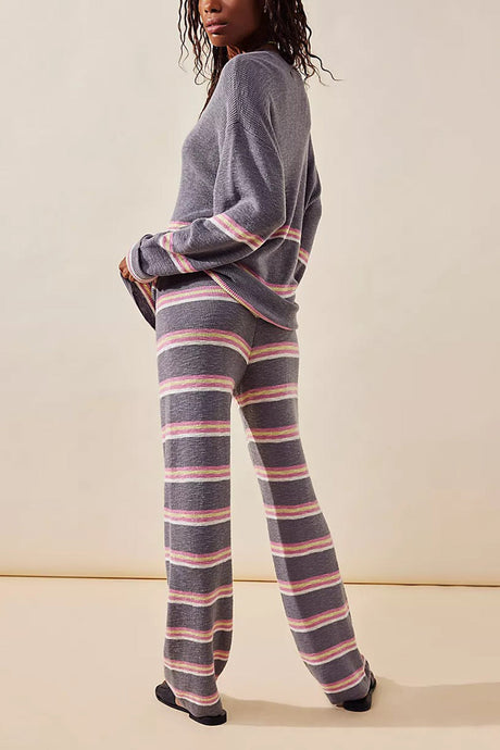 Contrast Striped Long Sleeve Sweater Two Piece Outfits