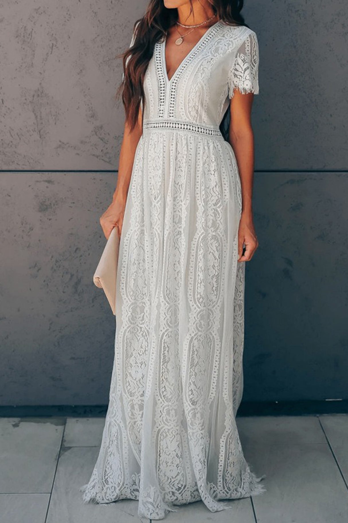 V Neck Lace Embroidery Maxi Dress