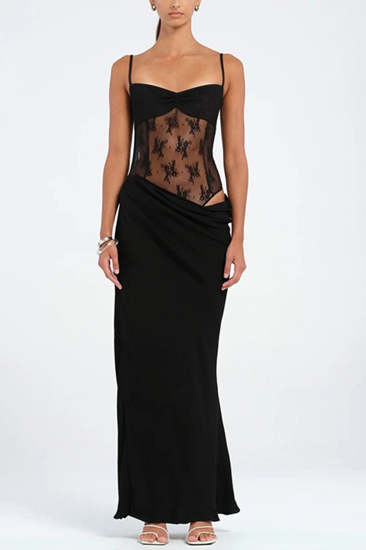 Low Cut Lace Patchwork Ruched Cami Dress