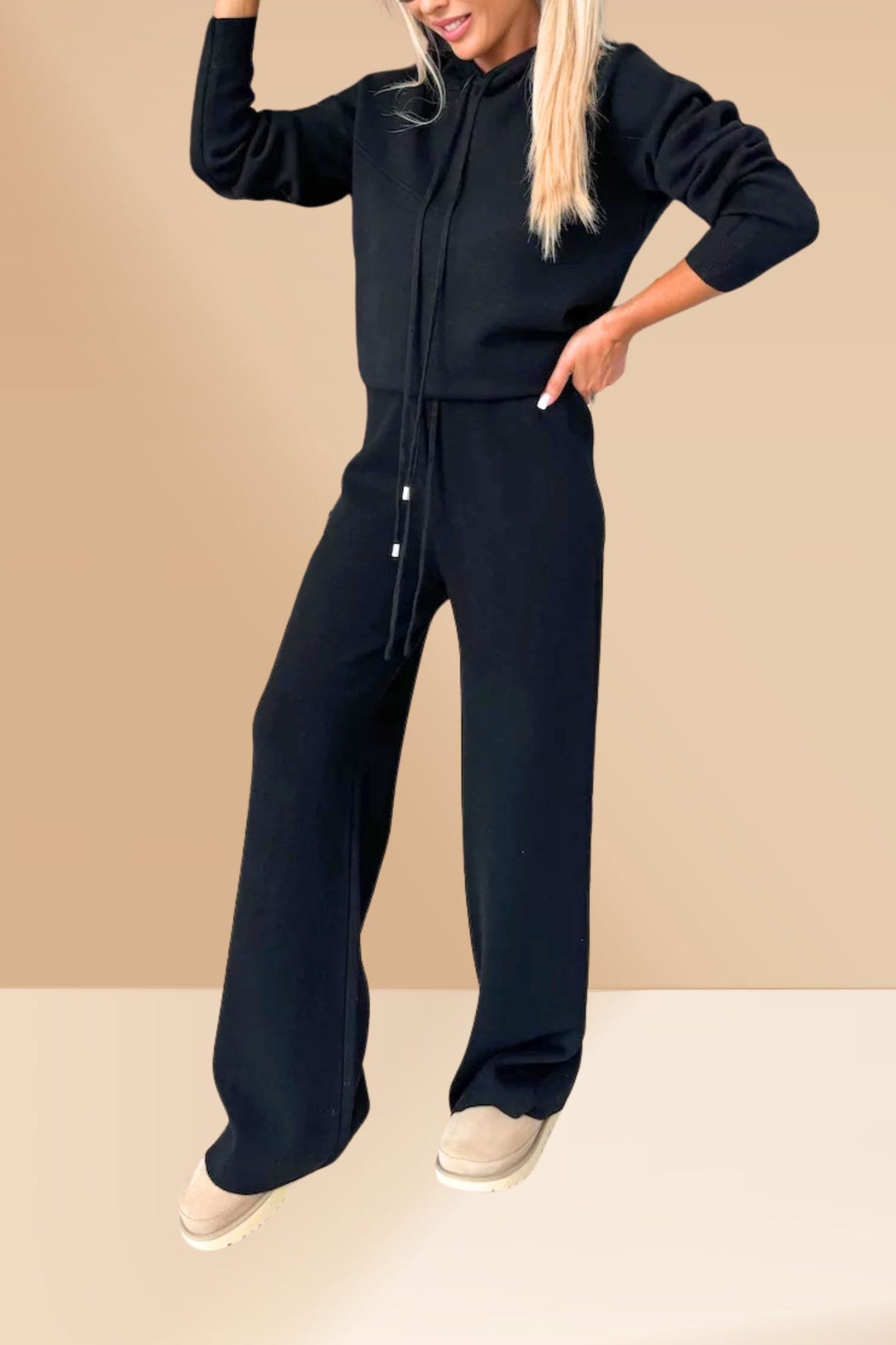Solid Color Hooded Sweatshirt Wide-leg Outfit Set