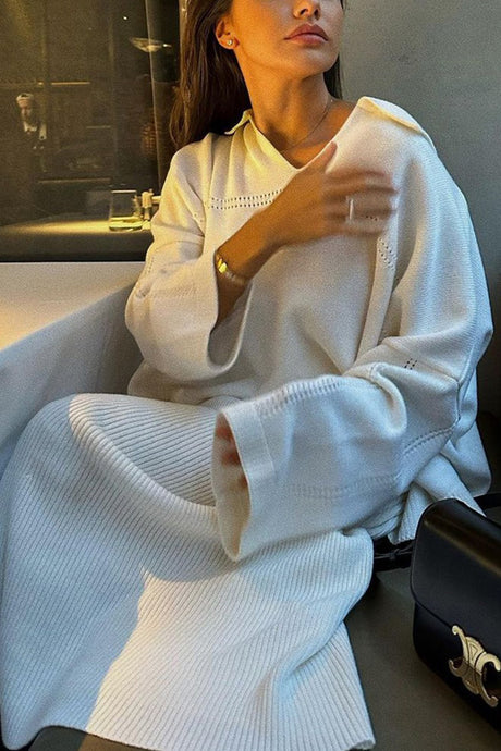 Lapel V Neck Sweater Skirt Set