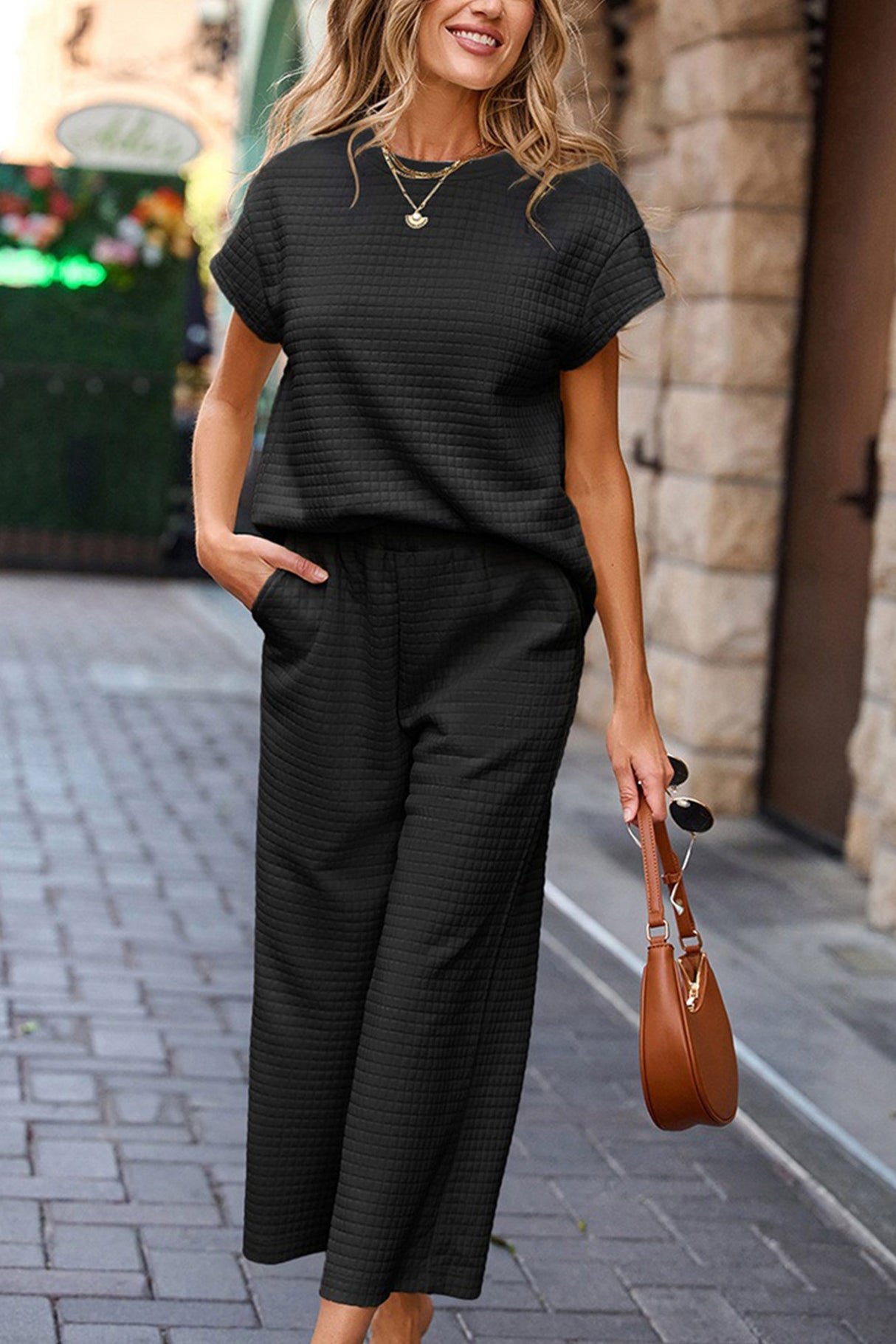 Solid Color Lattice Texture T-shirt Pants Set