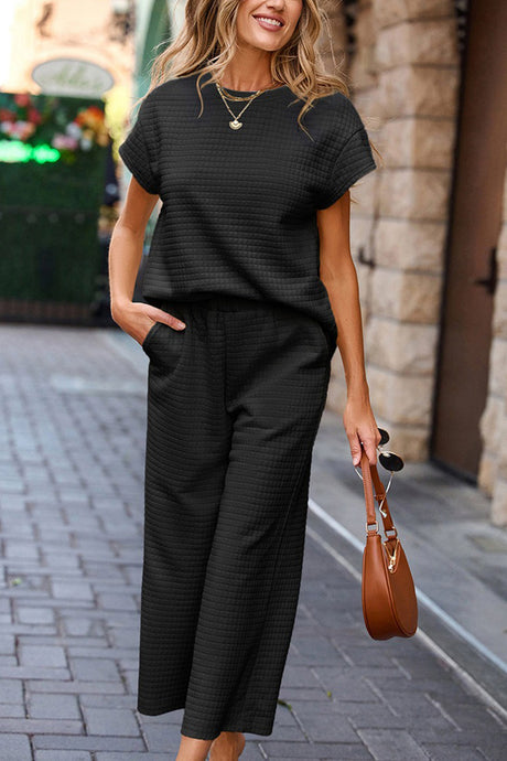 Solid Color Lattice Texture T-shirt Pants Set
