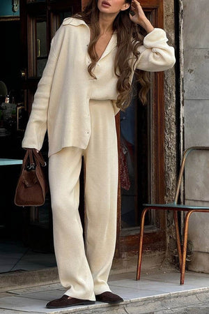 Lapel Button-down Ribbed Knit Two-piece Set