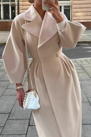 Lapel Lantern Sleeve Button-down Long Coat