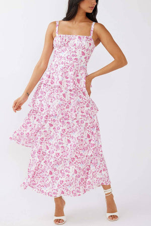 Arolora Floral Print Tie-up Tiered Midi Dress