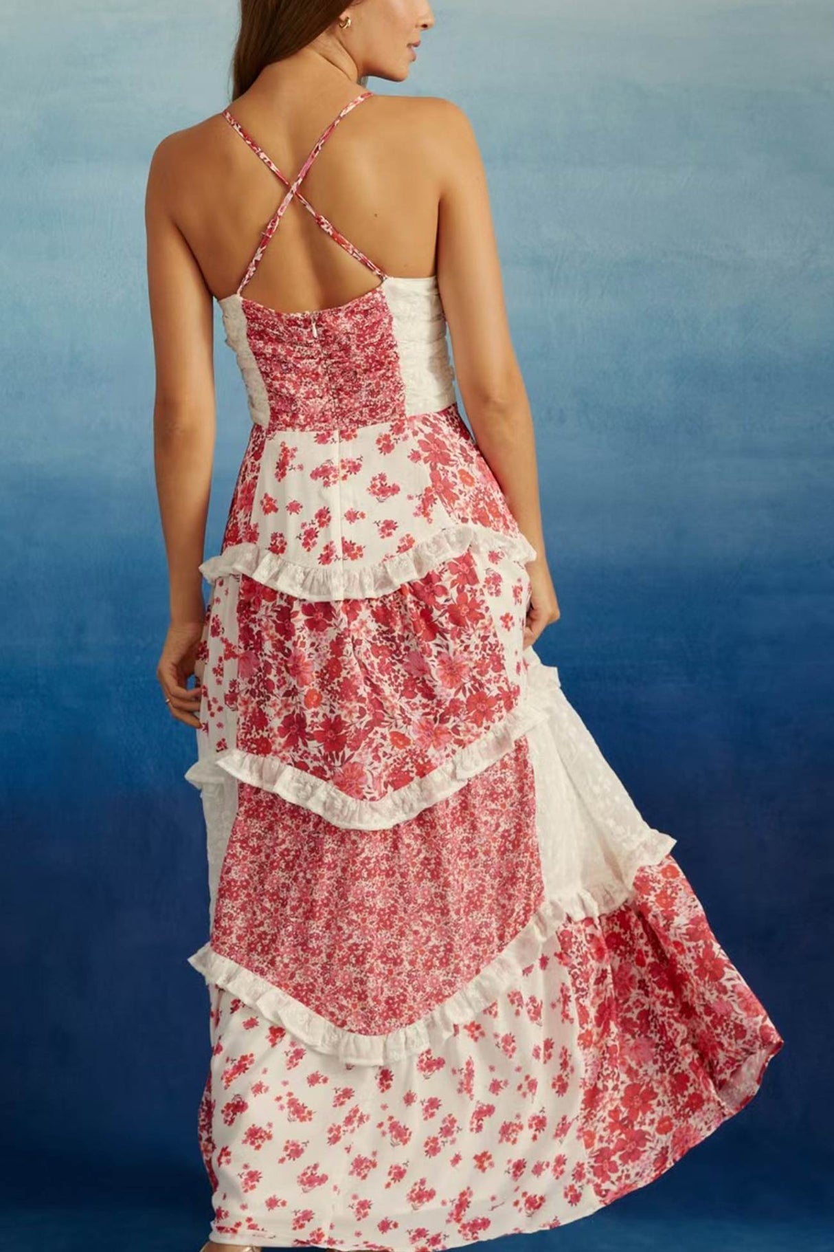 Arolora Floral Print Lace Patchwork Cami Dress