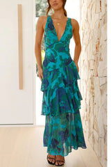 Arolora Floral Print Tie-up Back Chiffon Tiered Dress